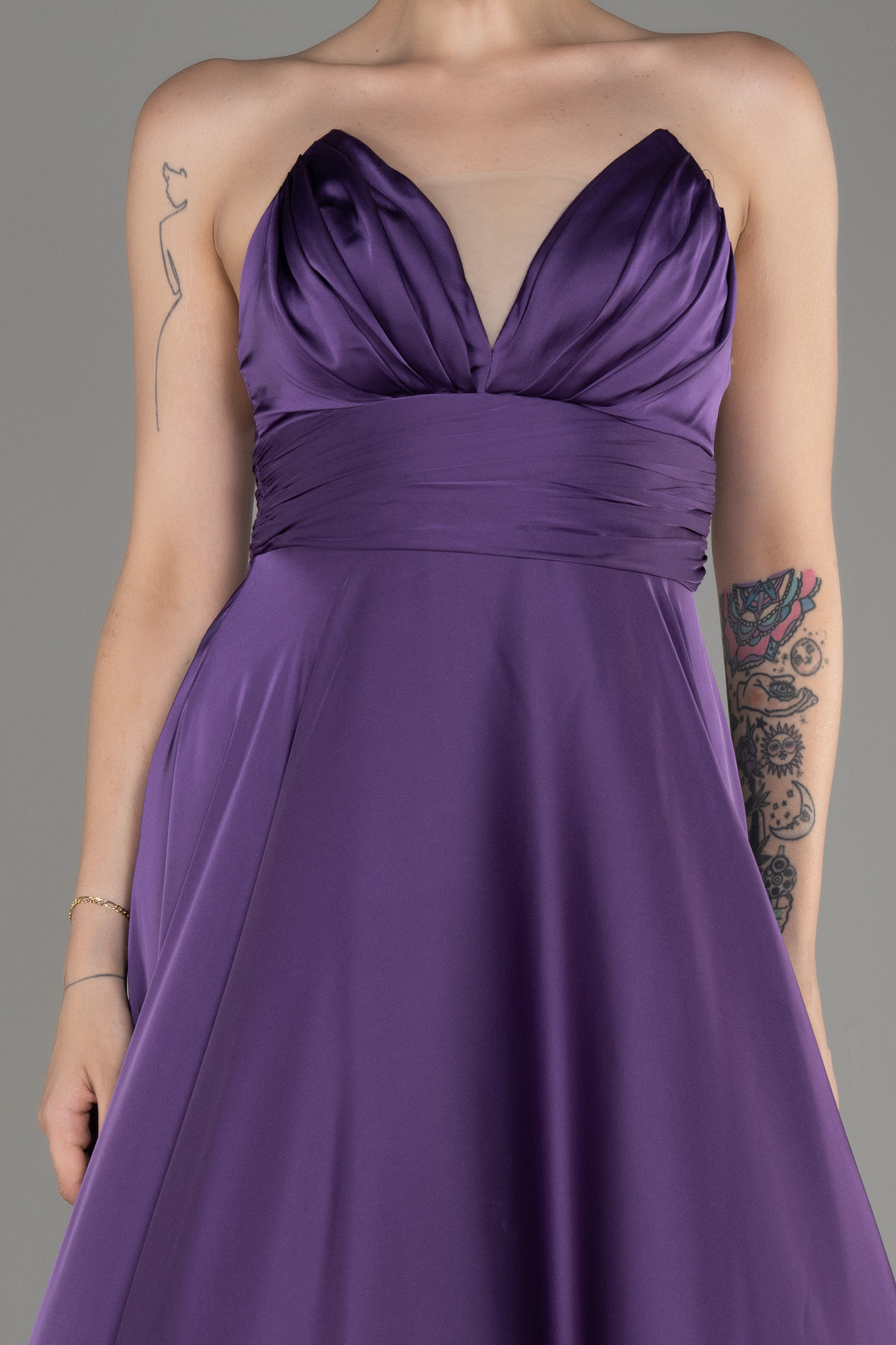 Leylak Straplez Uzun Saten Abiye Elbise ABU3965 - Görsel 3