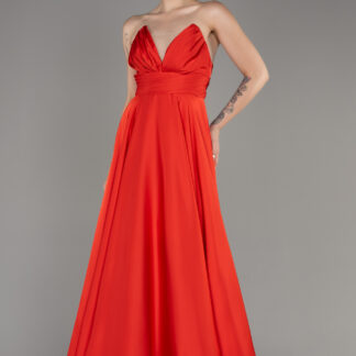 Mercan Straplez Uzun Saten Abiye Elbise ABU3965