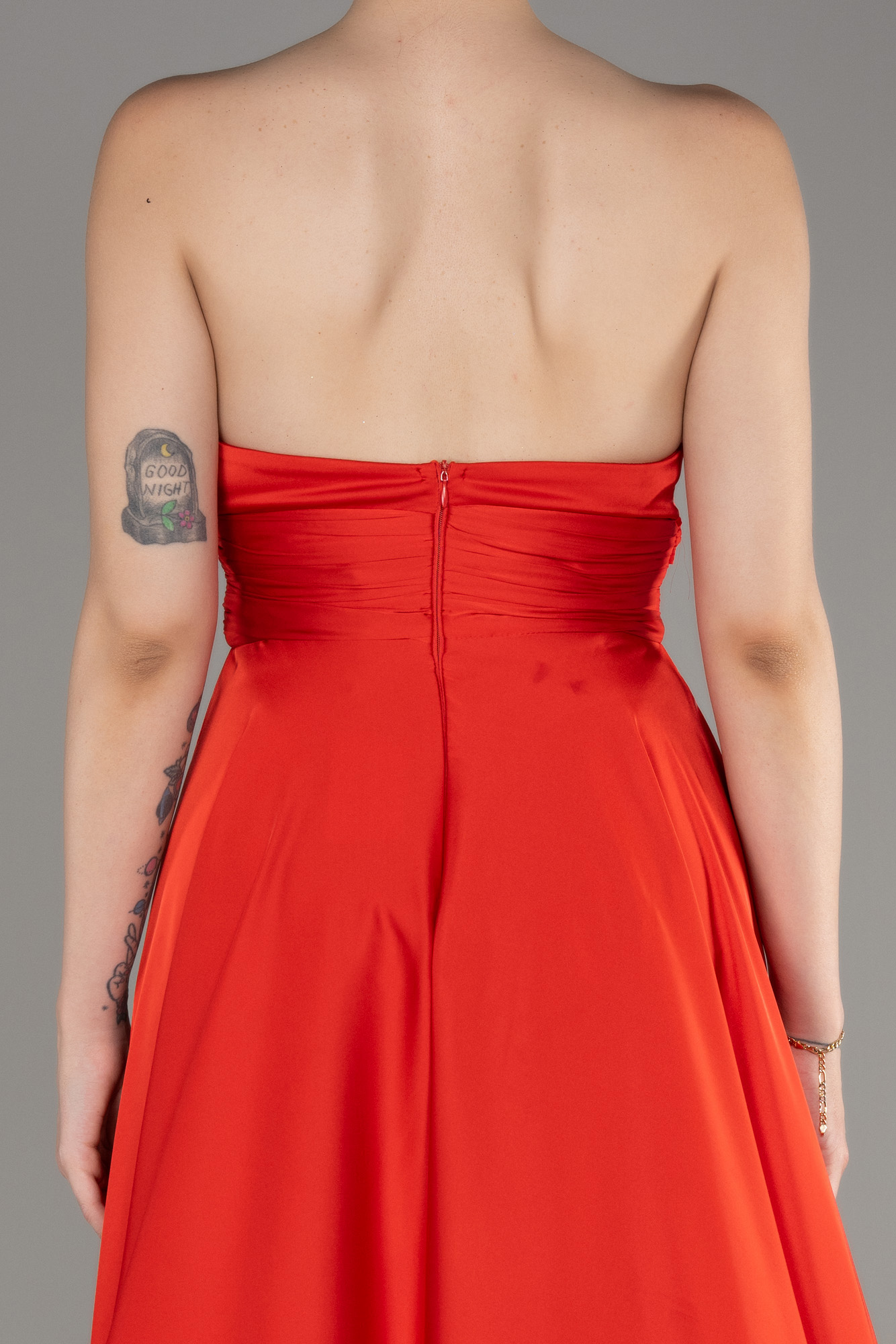 Mercan Straplez Uzun Saten Abiye Elbise ABU3965 - Görsel 4