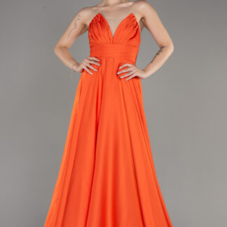 Orange Straplez Uzun Saten Abiye Elbise ABU3965