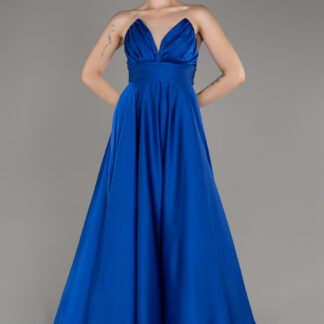 Saks Mavi Straplez Uzun Saten Abiye Elbise ABU3965