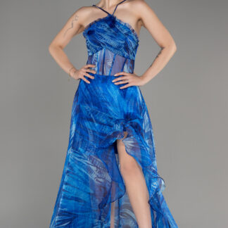 Saks Mavi Bacak Dekolte Uzun Empirme Abiye Elbise ABU3763