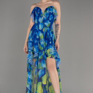 Saks Mavi Straplez Bacak Dekolteli Uzun Empirme Abiye ABU3975