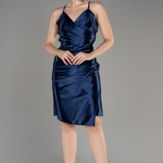 Lacivert Sırt Dekolteli Saten Kısa Davet Elbisesi ABK2078