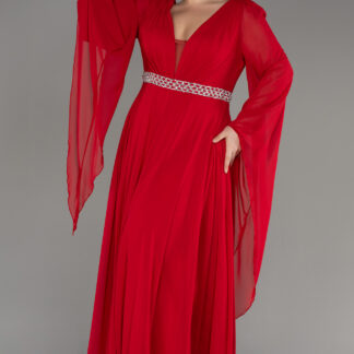 Kırmızı Uzun Şal Kol V Yaka Şifon Büyük Beden Abiye ABU3543