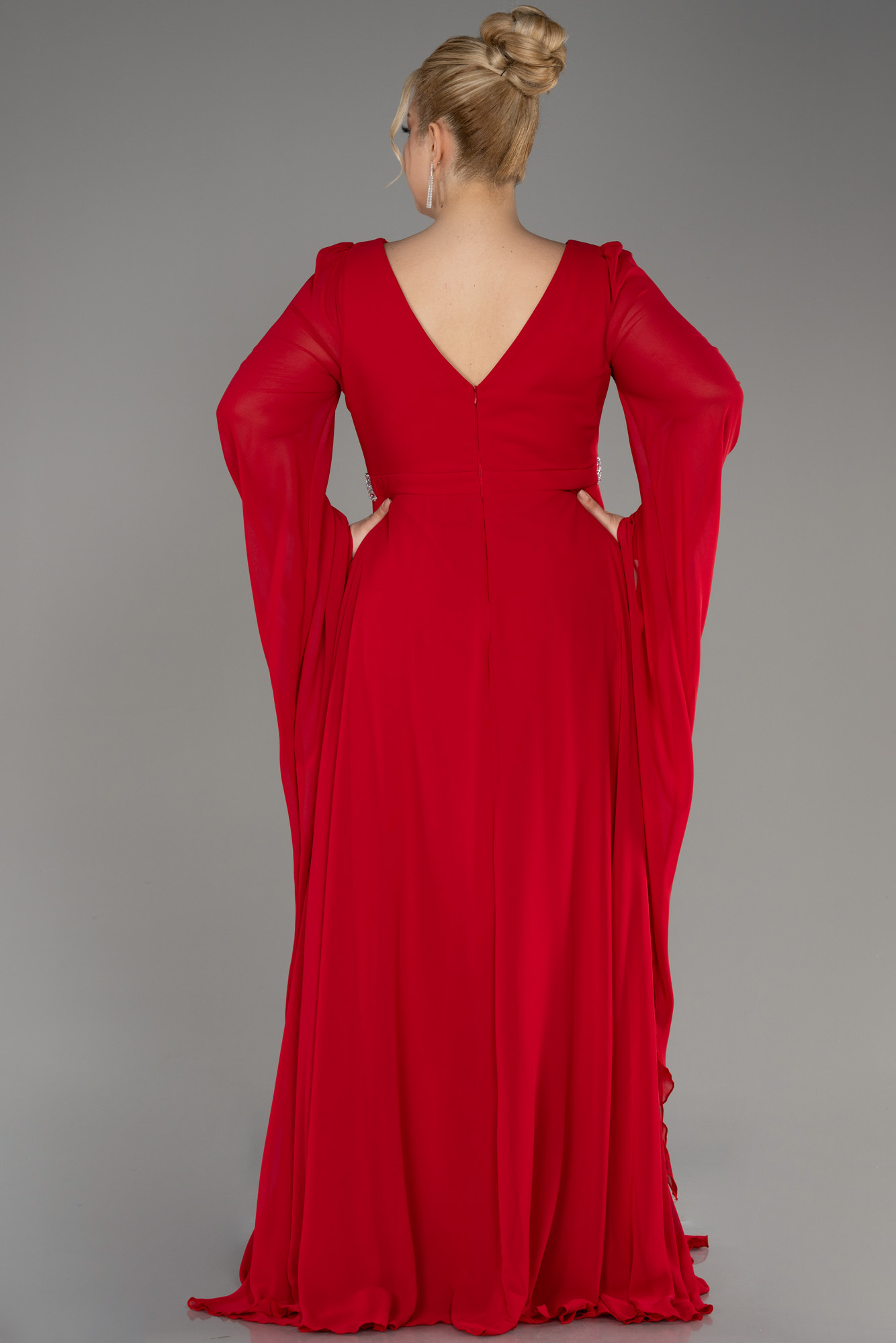 Kırmızı Uzun Şal Kol V Yaka Şifon Büyük Beden Abiye ABU3543 - Görsel 2