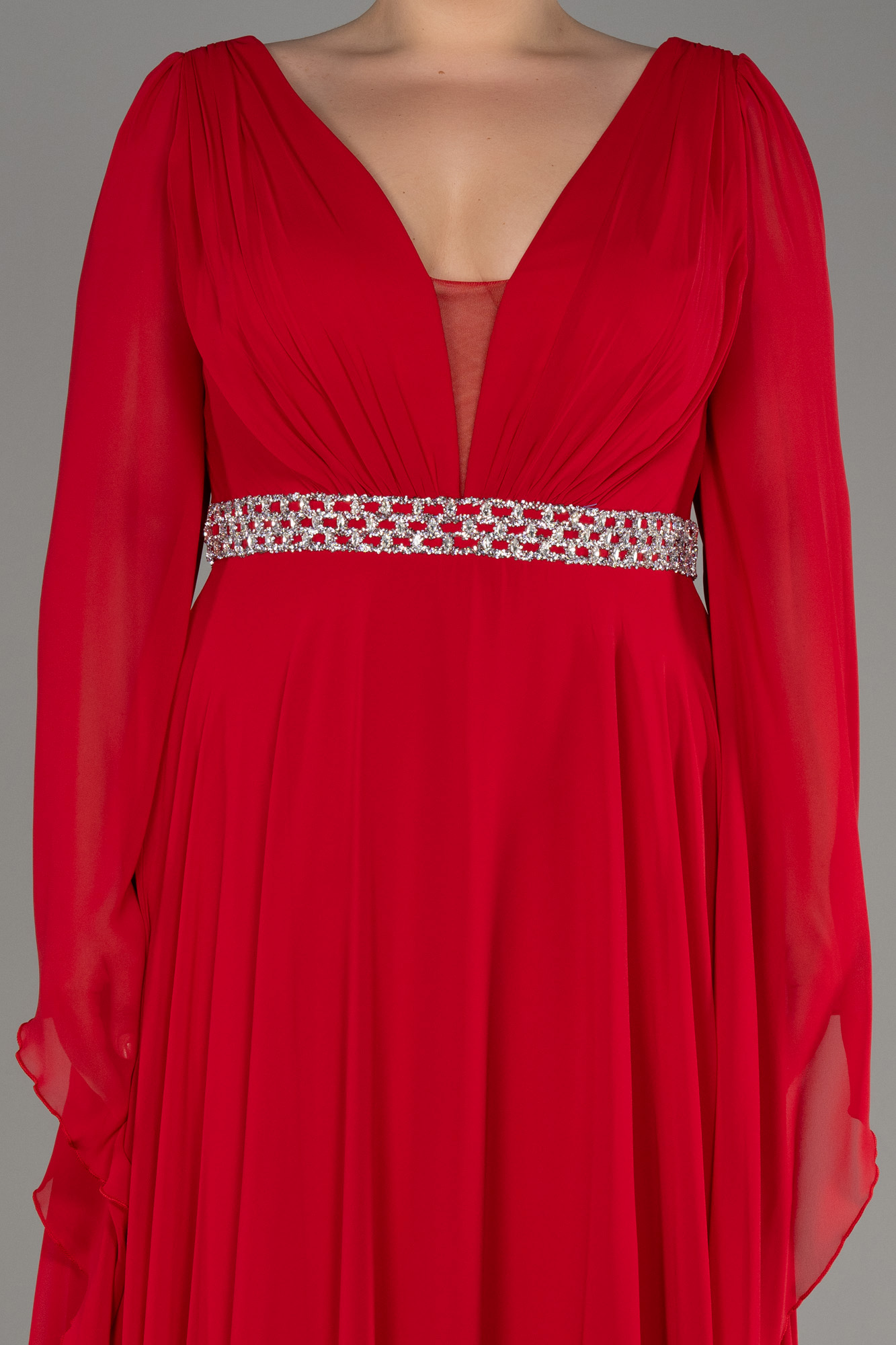 Kırmızı Uzun Şal Kol V Yaka Şifon Büyük Beden Abiye ABU3543 - Görsel 3