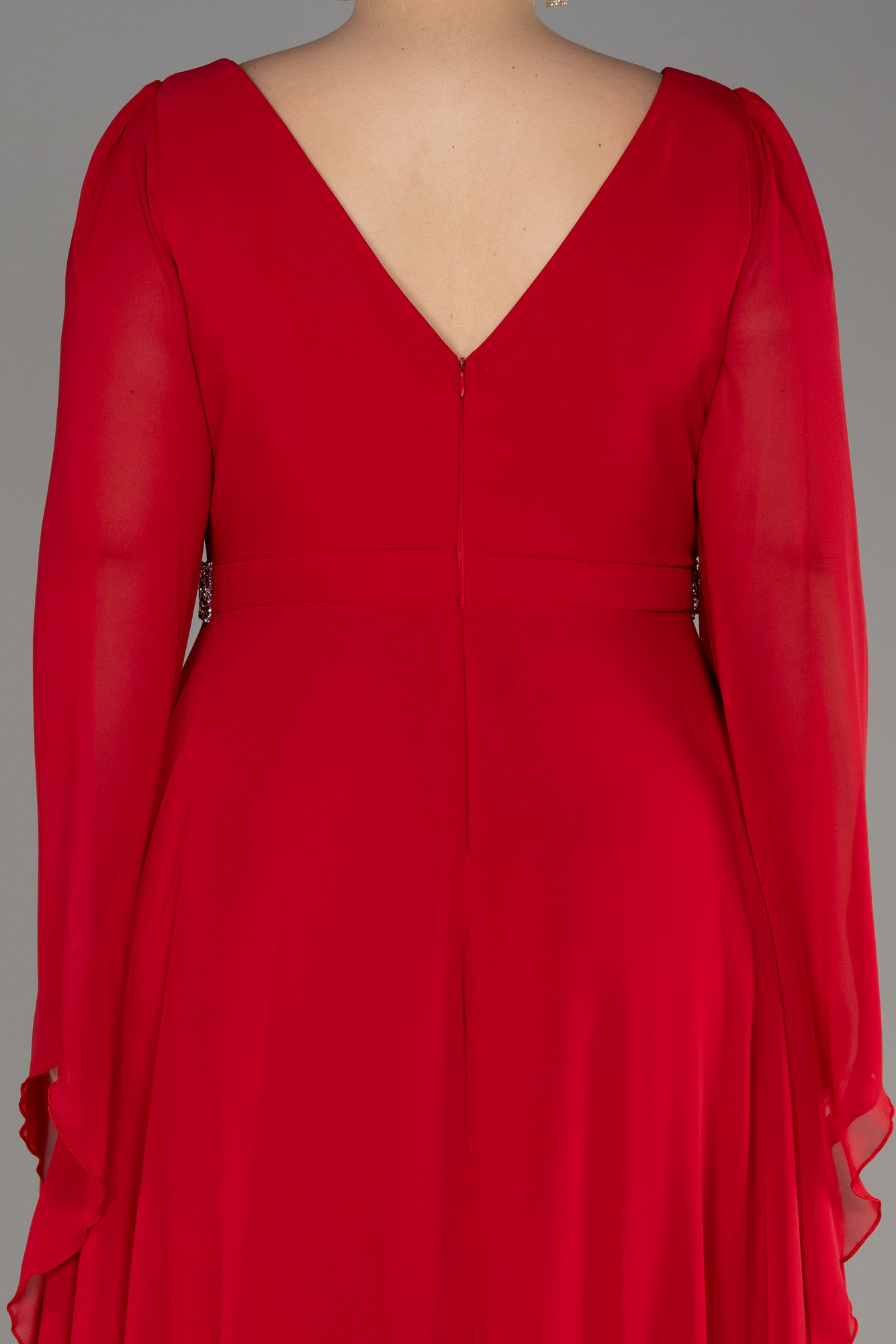 Kırmızı Uzun Şal Kol V Yaka Şifon Büyük Beden Abiye ABU3543 - Görsel 4