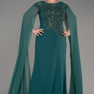 Zümrüt Yeşili Şifon Uzun Kol İşlemeli Büyük Beden Abiye ABU3913