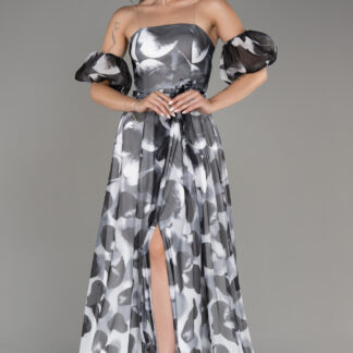 Antrasit Straplez Kol Detay Yırtmaçlı Empirme Uzun Abiye ABU3903