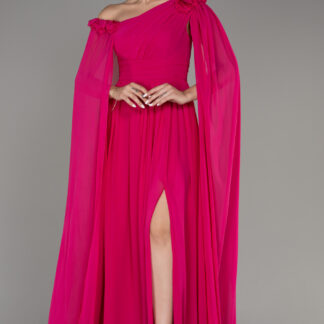 Fuşya Bacak Ve Omuz Dekolteli Şallı Uzun Şifon Abiye ABU4001