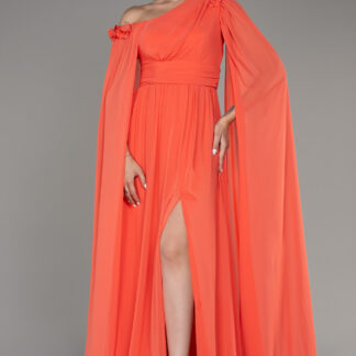 Orange Bacak Ve Omuz Dekolteli Şallı Uzun Şifon Abiye ABU4001