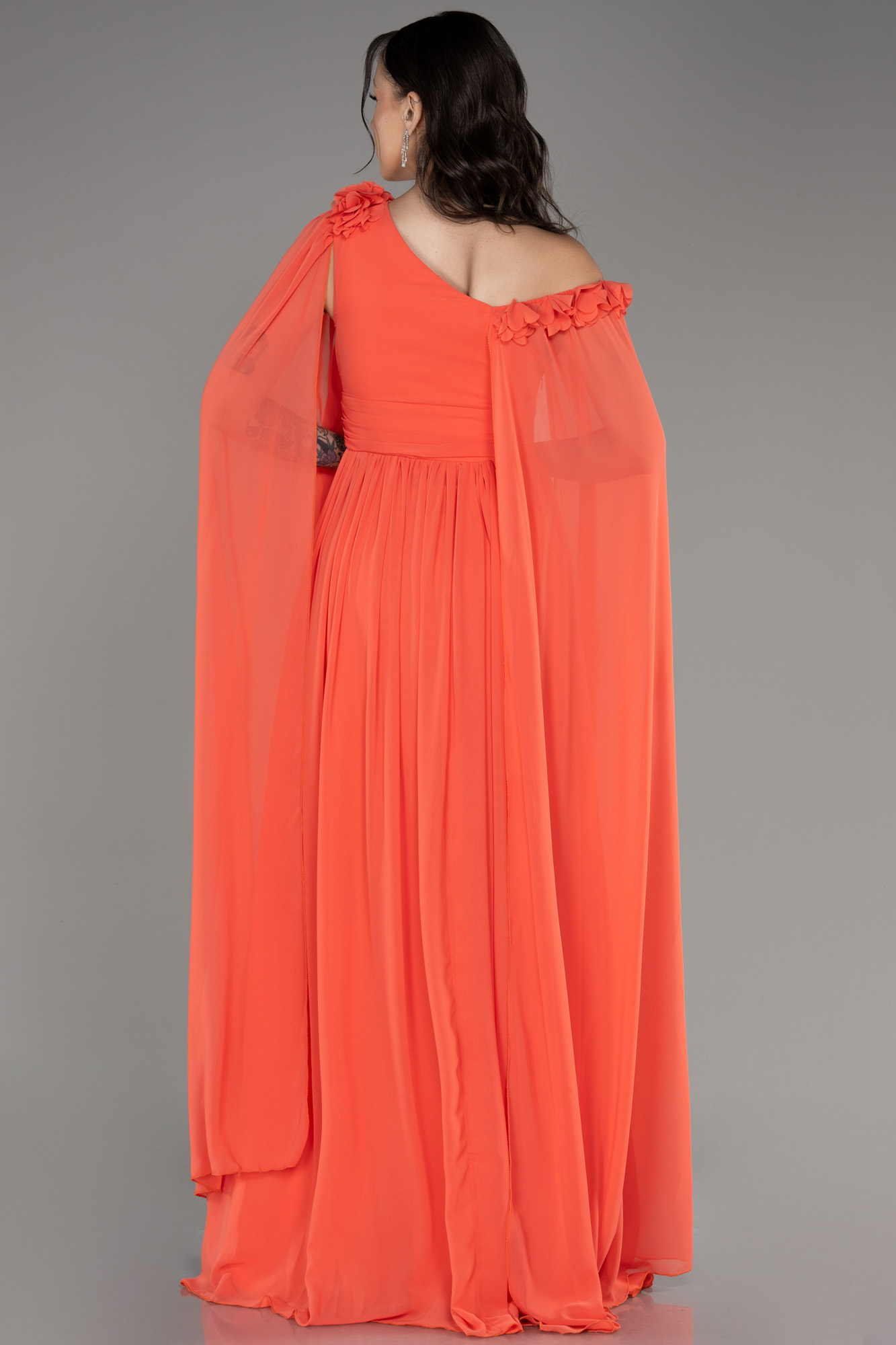 Orange Bacak Ve Omuz Dekolteli Şallı Uzun Şifon Abiye ABU4001 - Görsel 2