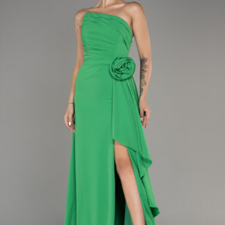 Yeşil Straplez Bacak Dekolteli Uzun Şifon Abiye ABU5315