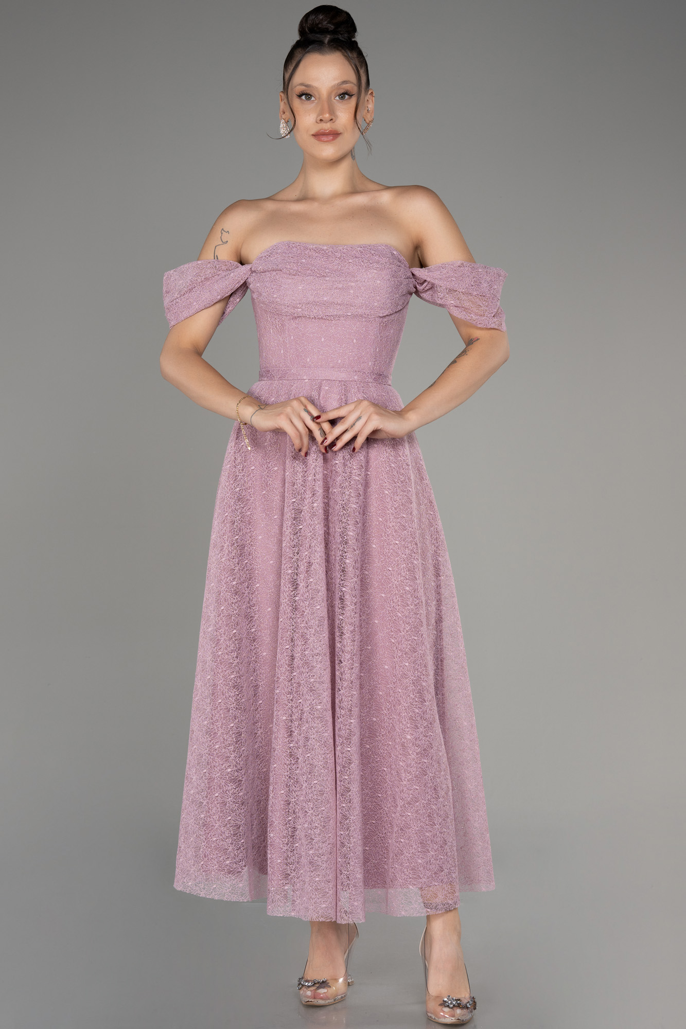 Gül Kurusu Kayık Yaka Midi Dantel Davet Elbisesi ABK2103