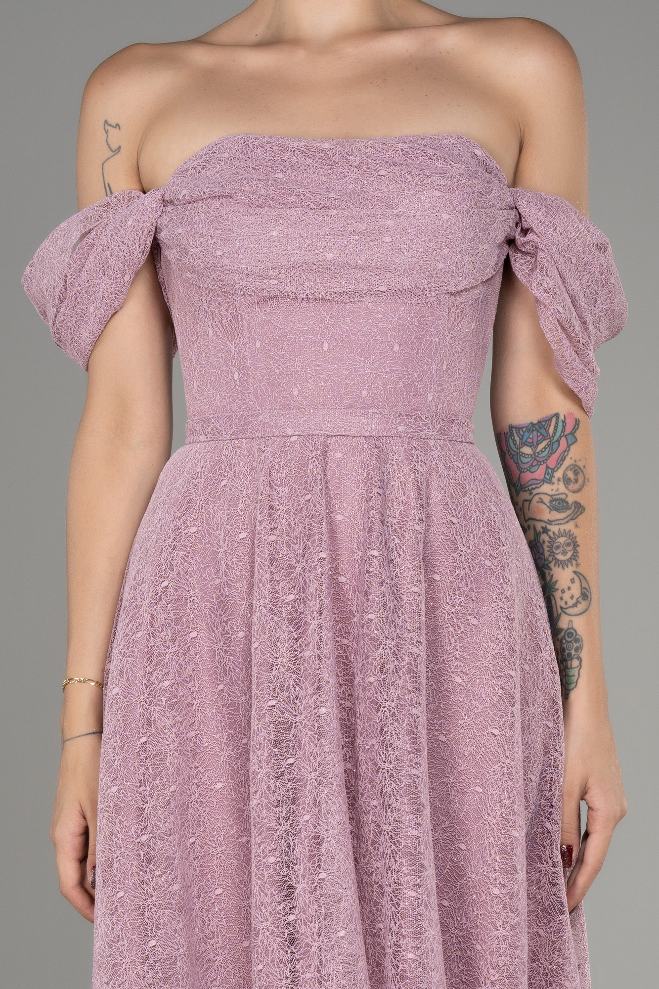 Gül Kurusu Kayık Yaka Midi Dantel Davet Elbisesi ABK2103 - Görsel 3