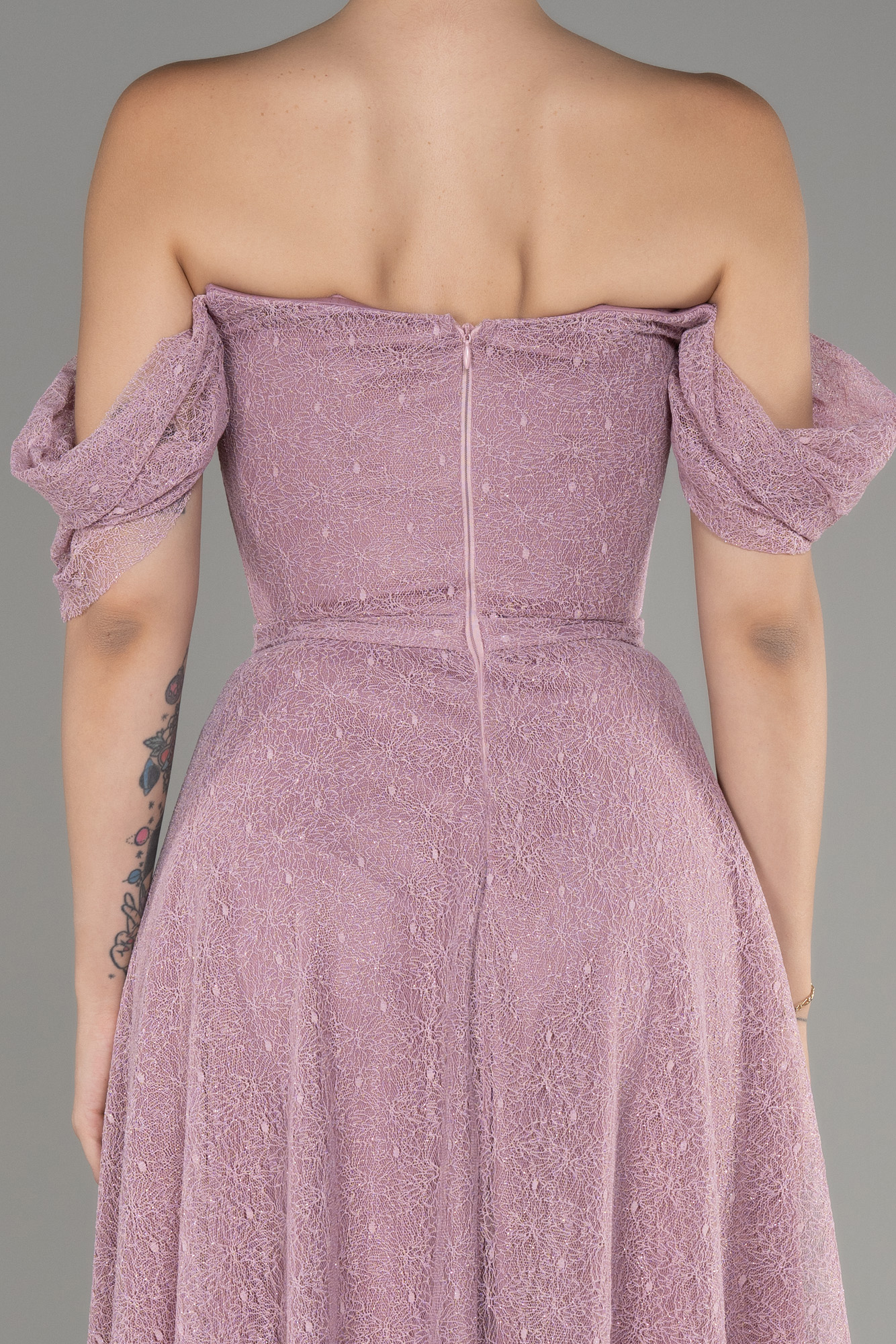 Gül Kurusu Kayık Yaka Midi Dantel Davet Elbisesi ABK2103 - Görsel 4