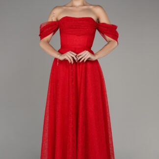 Kırmızı Kayık Yaka Midi Dantel Davet Elbisesi ABK2103