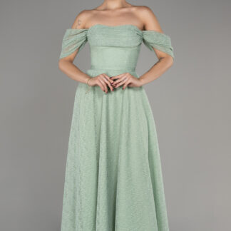 Mint Kayık Yaka Midi Dantel Davet Elbisesi ABK2103