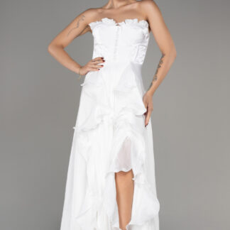 Ekru Straplez Yırtmaçlı Uzun Şifon Mezuniyet Elbisesi ABU4220