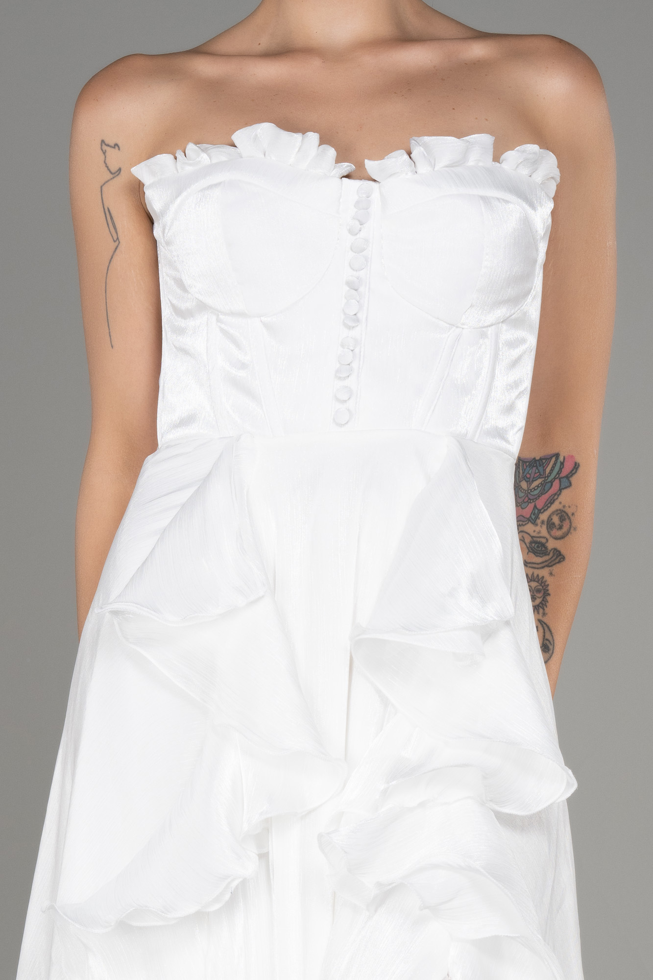 Ekru Straplez Yırtmaçlı Uzun Şifon Mezuniyet Elbisesi ABU4220 - Görsel 3