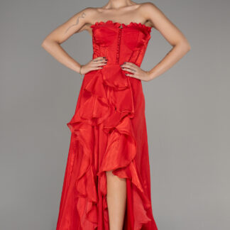 Kırmızı Straplez Volan Yırtmaçlı Uzun Şifon Abiye ABU4012