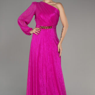 Fuşya Tek Kol Kemerli Uzun Şifon Abiye ABU4037