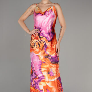 Orange Sırt Dekolteli Degaje Yaka Midi Desenli Abiye ABK2105