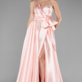 Pudra Straplez Bacak Dekolteli Uzun Saten Abiye Elbise ABU3674