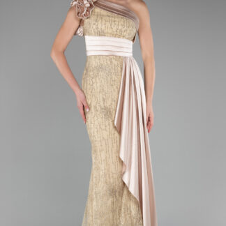 Gold Tek Omuz Uzun Simli Nişan Elbisesi ABU4059