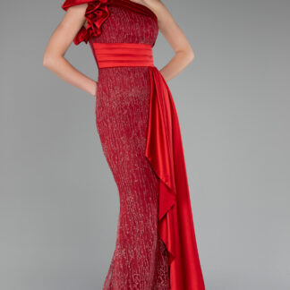 Kırmızı Tek Omuz Uzun Simli Nişan Elbisesi ABU4059
