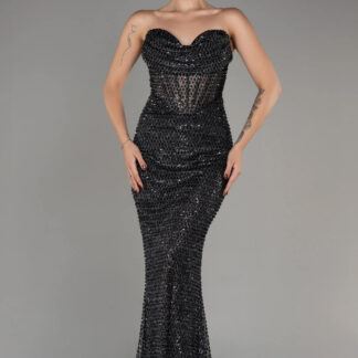 Siyah Straplez Balen Korse Detay Pullu Balık Abiye ABU3970