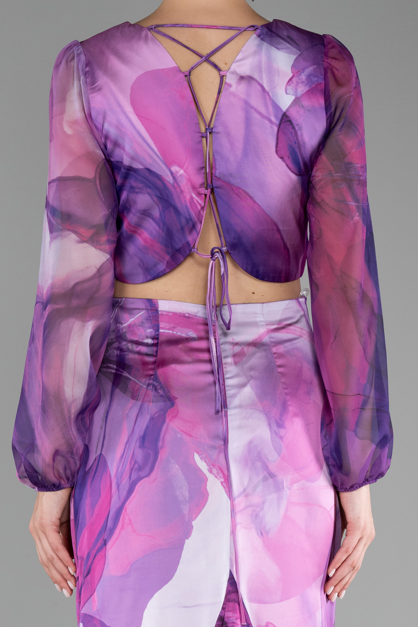 Mor Uzun Kol Cut Out Empirme Şifon Abiye ABU4067 - Görsel 4