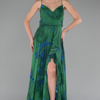 Yeşil Askılı Volan Yırtmaçlı Uzun Şifon Empirme Abiye ABU4070