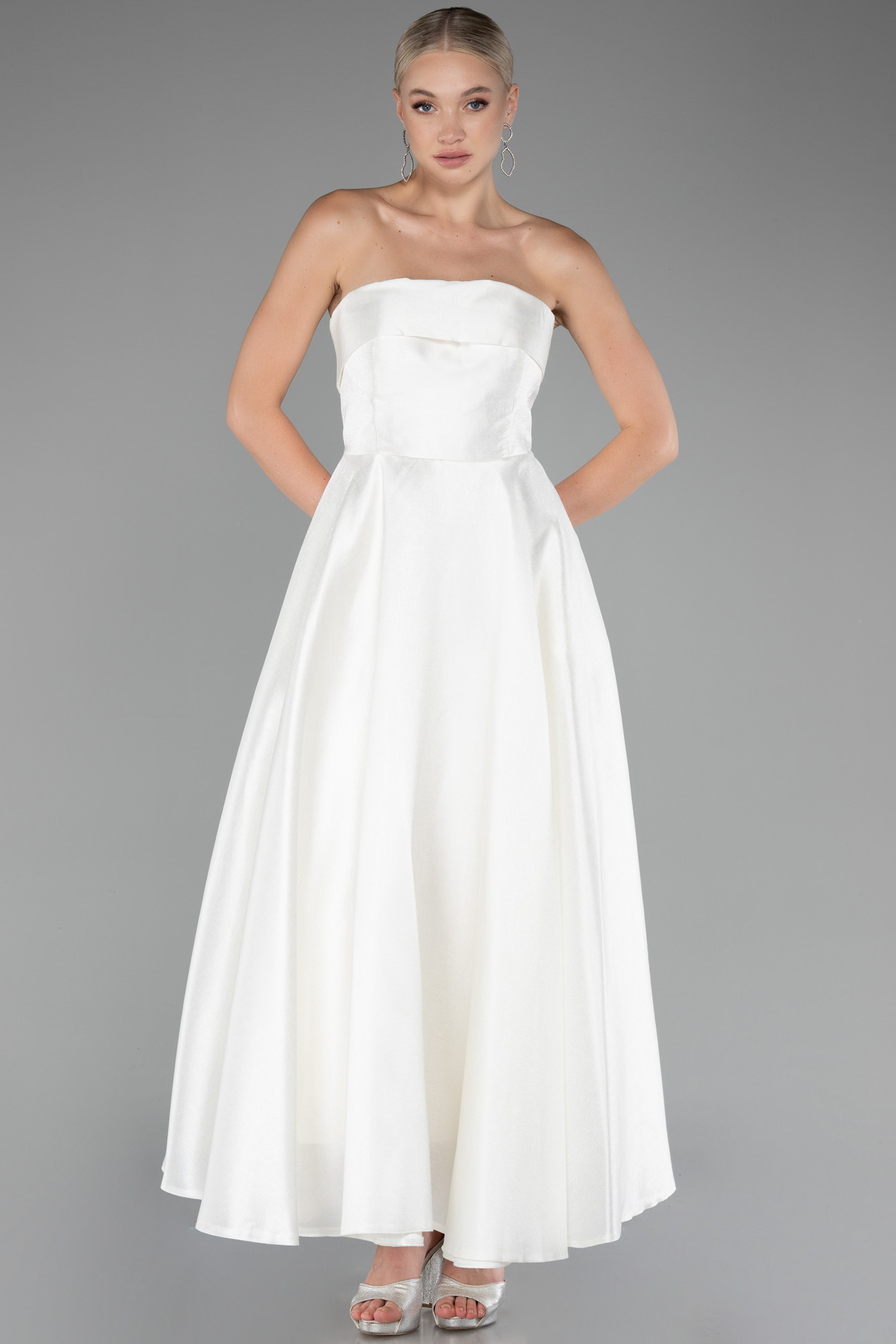 Ekru Straplez Midi Tafta Abiye Elbise ABU4049