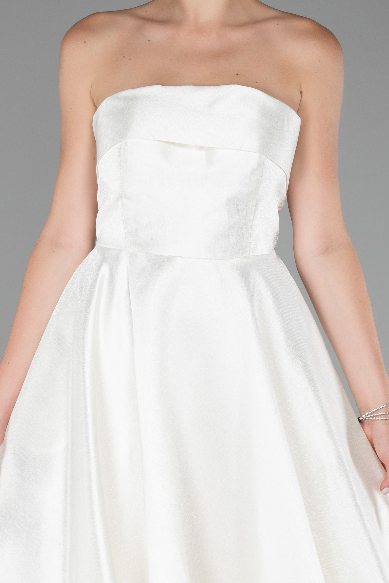 Ekru Straplez Midi Tafta Abiye Elbise ABU4049 - Görsel 3