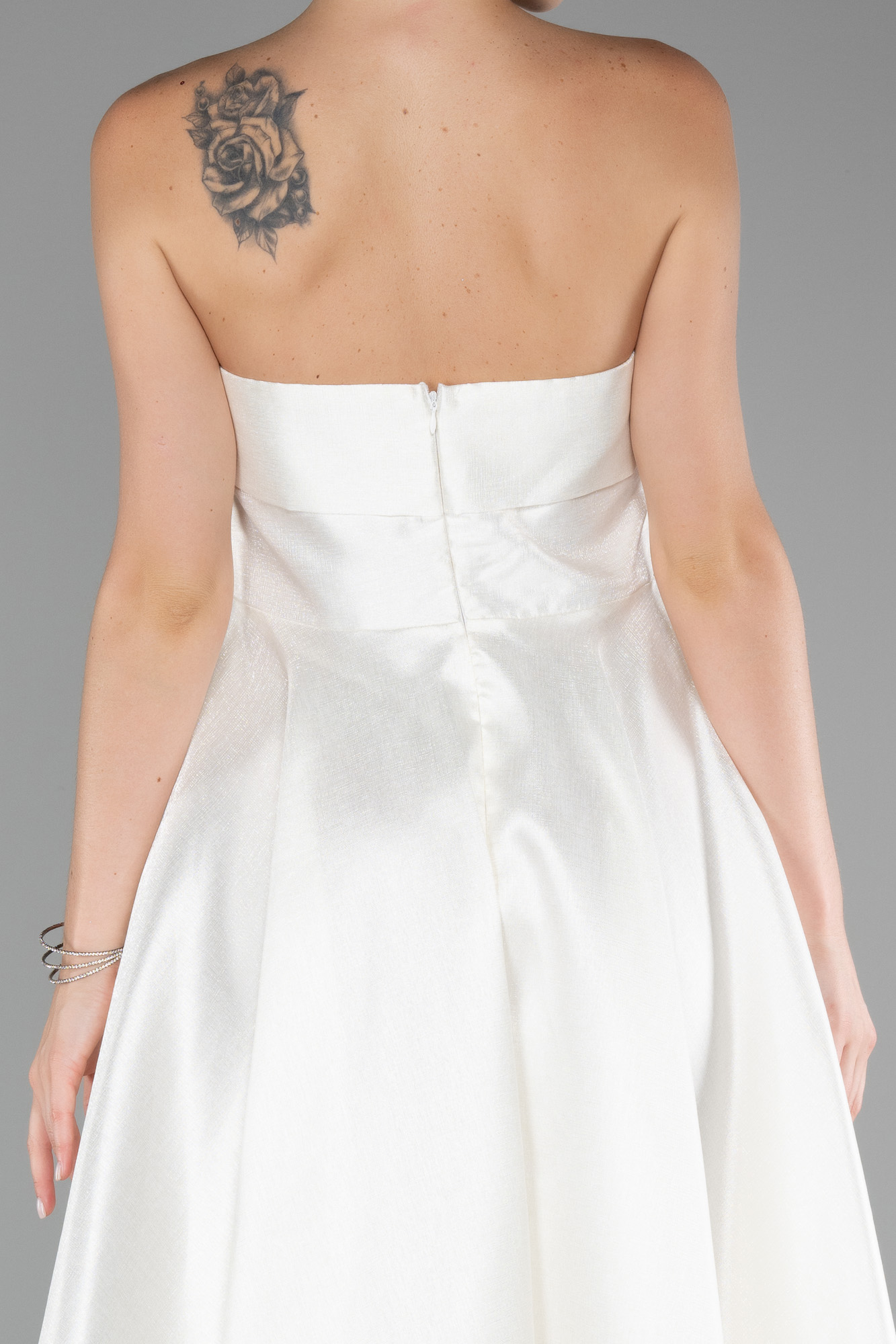 Ekru Straplez Midi Tafta Abiye Elbise ABU4049 - Görsel 4