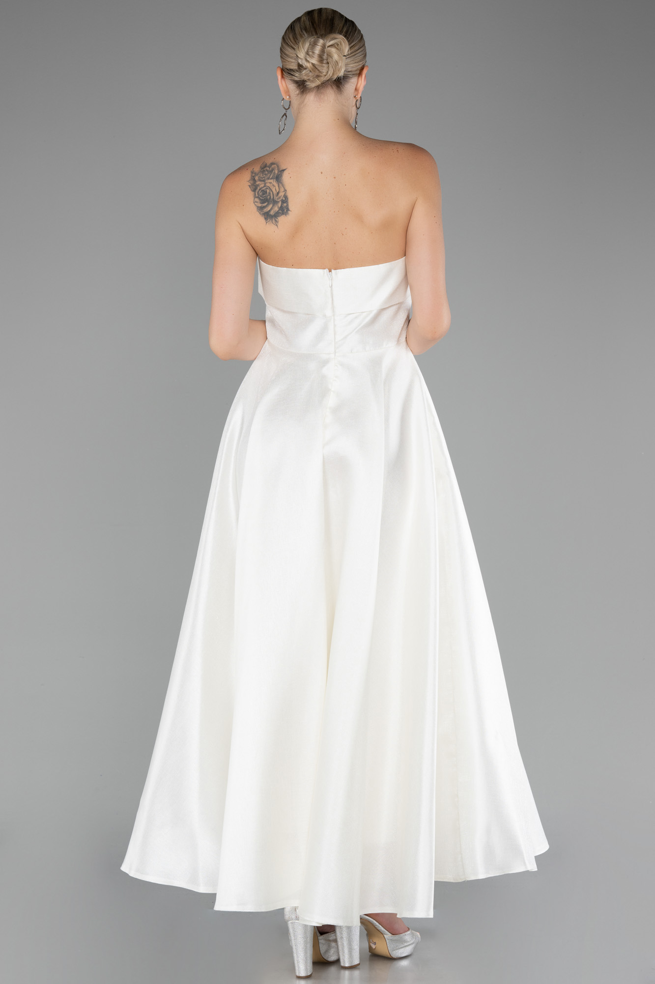 Ekru Straplez Midi Tafta Abiye Elbise ABU4049 - Görsel 2