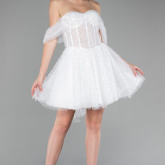 Ekru Kayık Yaka Boncuklu Kısa Büyük Beden Abiye ABK2110