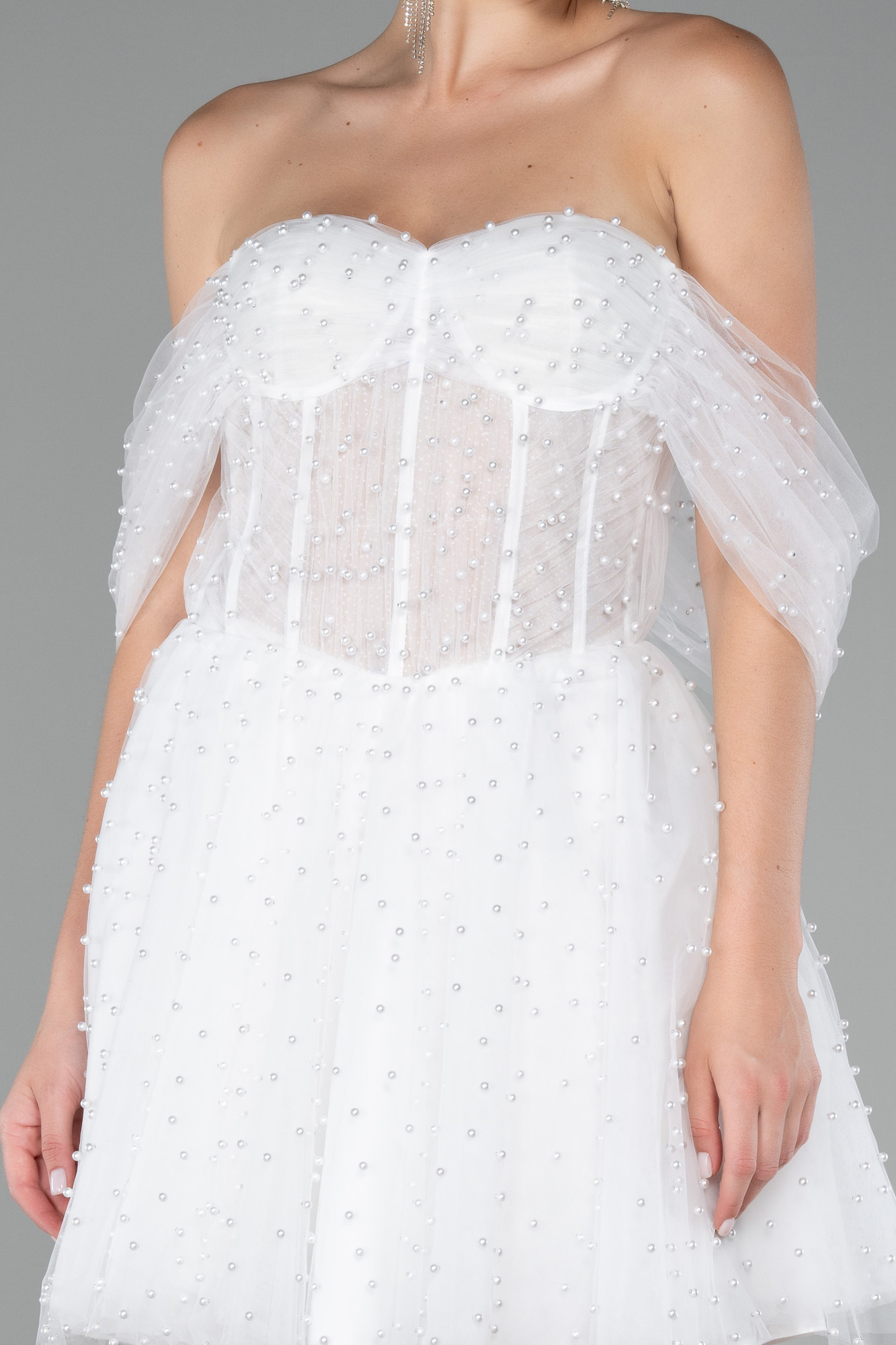 Ekru Kayık Yaka Boncuklu Kısa Büyük Beden Abiye ABK2110 - Görsel 3