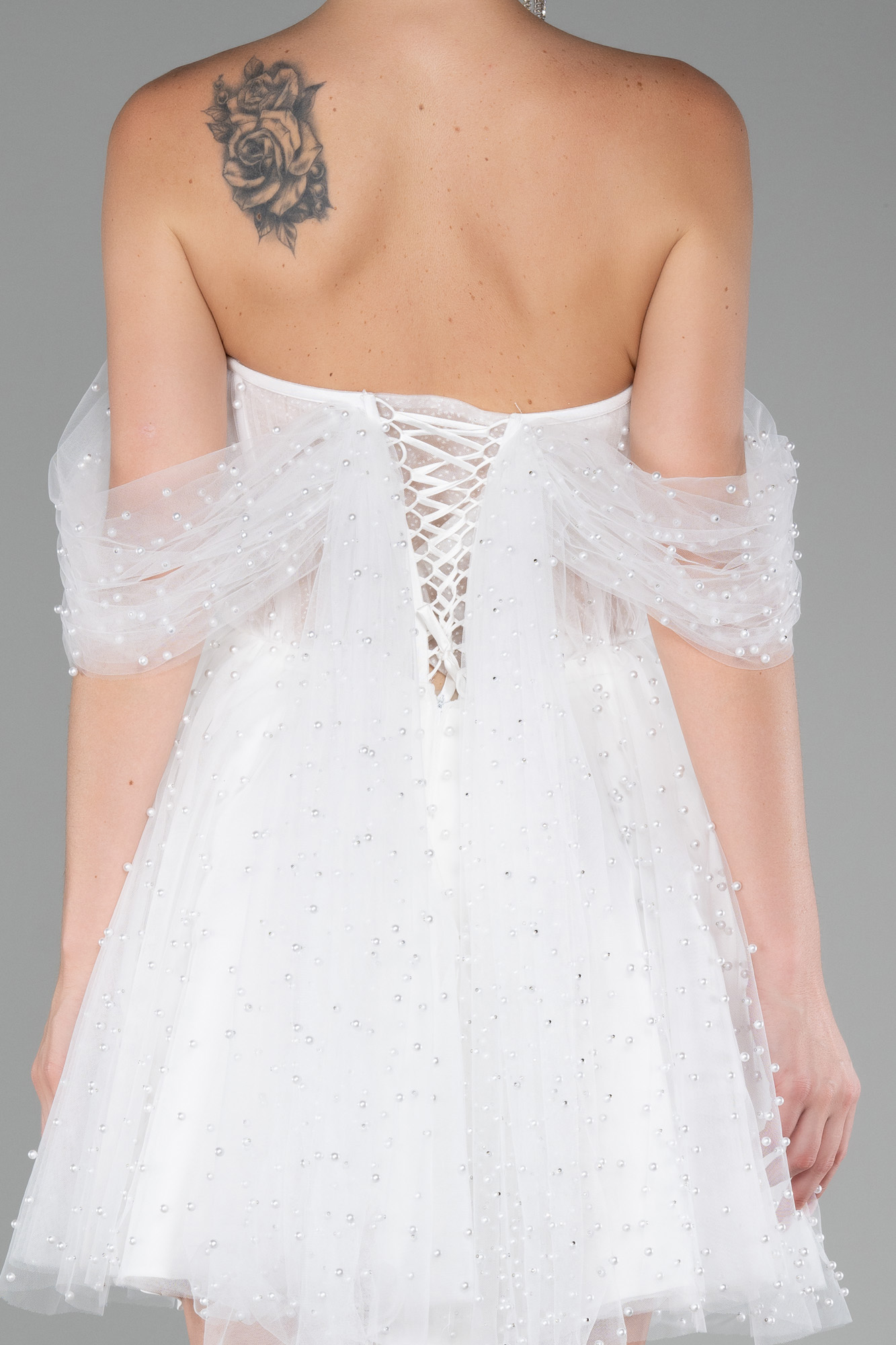 Ekru Kayık Yaka Boncuklu Kısa Nikah Elbisesi ABK2109 - Görsel 4