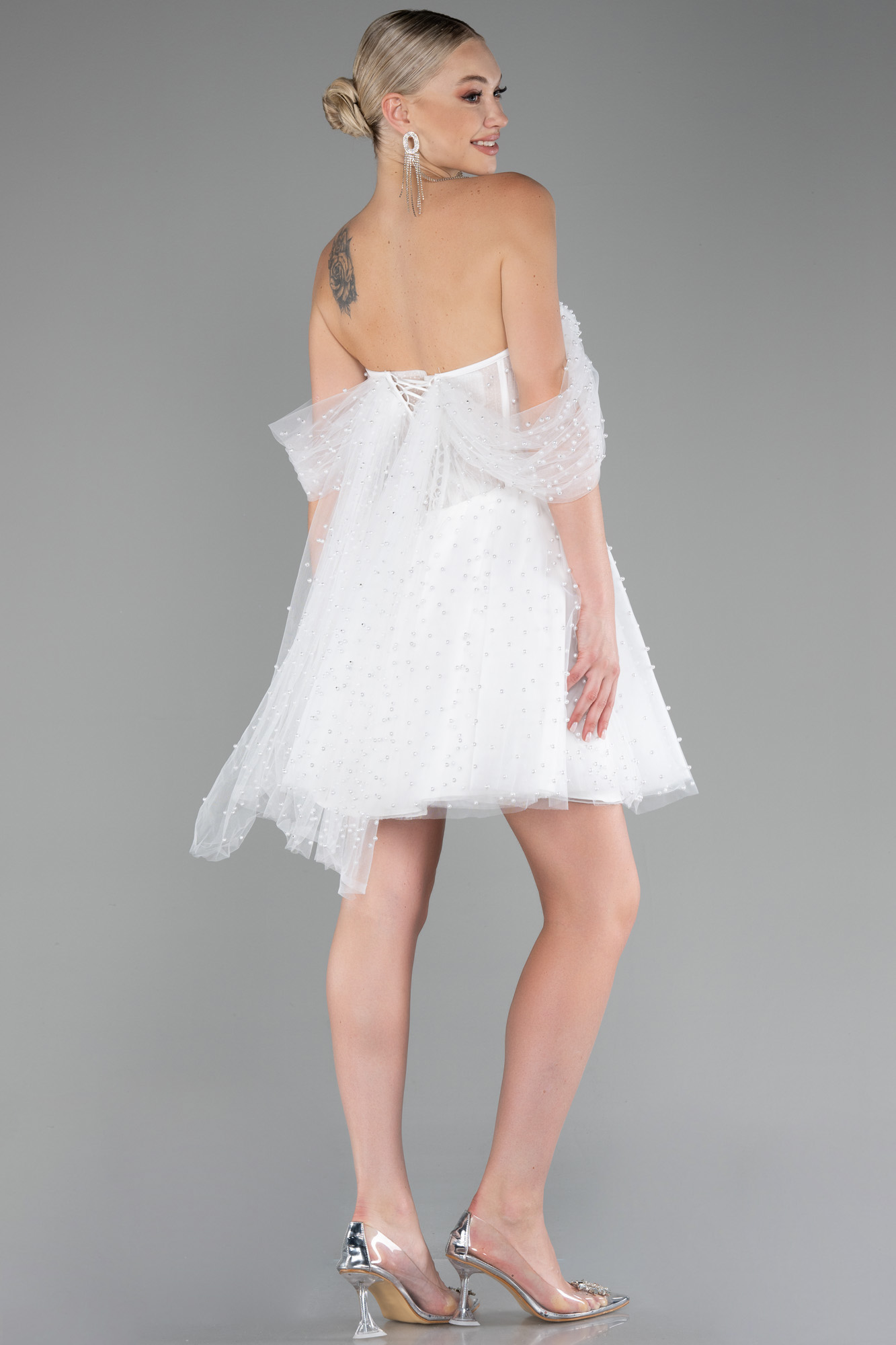 Ekru Kayık Yaka Boncuklu Kısa Nikah Elbisesi ABK2109 - Görsel 2