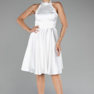 Ekru Halter Yaka Kısa Saten Davet Elbisesi ABK2112