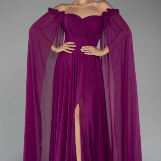 Violet Kayık Yaka Bacak Dekolteli Uzun Şifon Abiye ABU3462