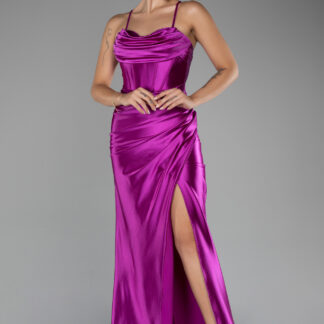 Violet Bacak Dekolteli Balen Korse Uzun Saten Abiye ABU3247