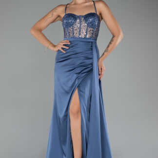 İndigo Üstü Pullu Balenli Yırtmaçlı Uzun Saten Abiye ABU4090