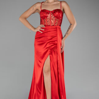 Kırmızı Üstü Pullu Balenli Yırtmaçlı Uzun Saten Abiye ABU4090