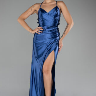 İndigo Sırt Dekolteli Yırtmaçlı Uzun Saten Abiye ABU2800