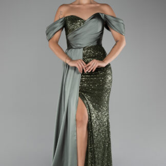 Haki Kayık Yaka Yırtmaçlı Kuyruklu Uzun Pullu Abiye ABU4085