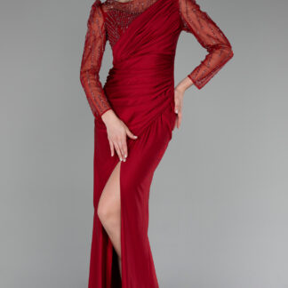 Kırmızı Taşlı Uzun Kol Yırtmaçlı Abiye Elbise ABU4117